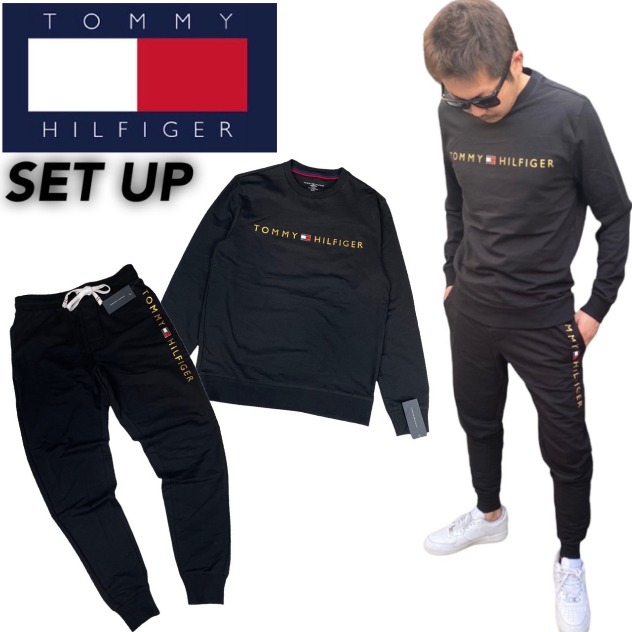 トミーヒルフィガー TOMMY HILFIGER セットアップ 上下 トレーナー 09T3896/09T3898 長袖 ボトムス 長袖 スウェット  メンズ ジョガーパンツ 部屋着 2点 :tomset:STY1 通販 