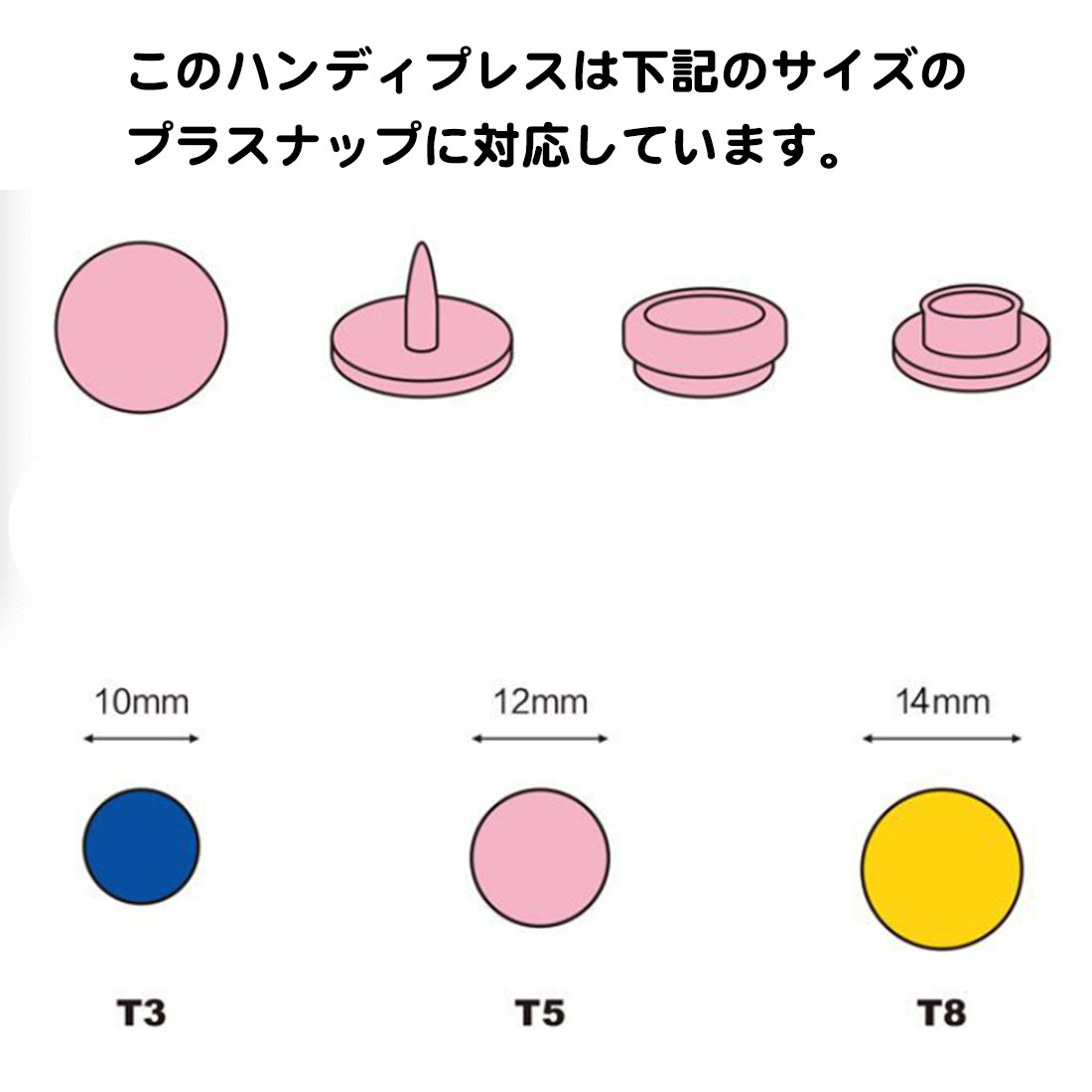 ハンディプレス プラスナップ用 ハンドプライヤー T3 T5 T8 手芸 ボタン カシメ スナップボタン 打ち具 プラスチック ハンドメイド 工具 簡単 送料無料 関連画像1