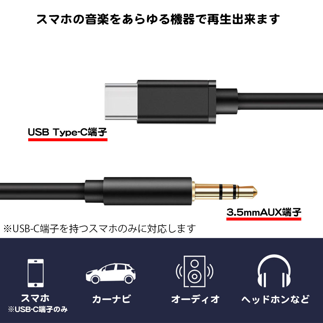 USB-C AUX 変換ケーブル 1m DAC内蔵 ステレオミニプラグ 3.5mm 3極 端子 オーディオジャック Type-c スマホ アンプ スピーカー カーナビ パソコン メッシュ 関連画像2