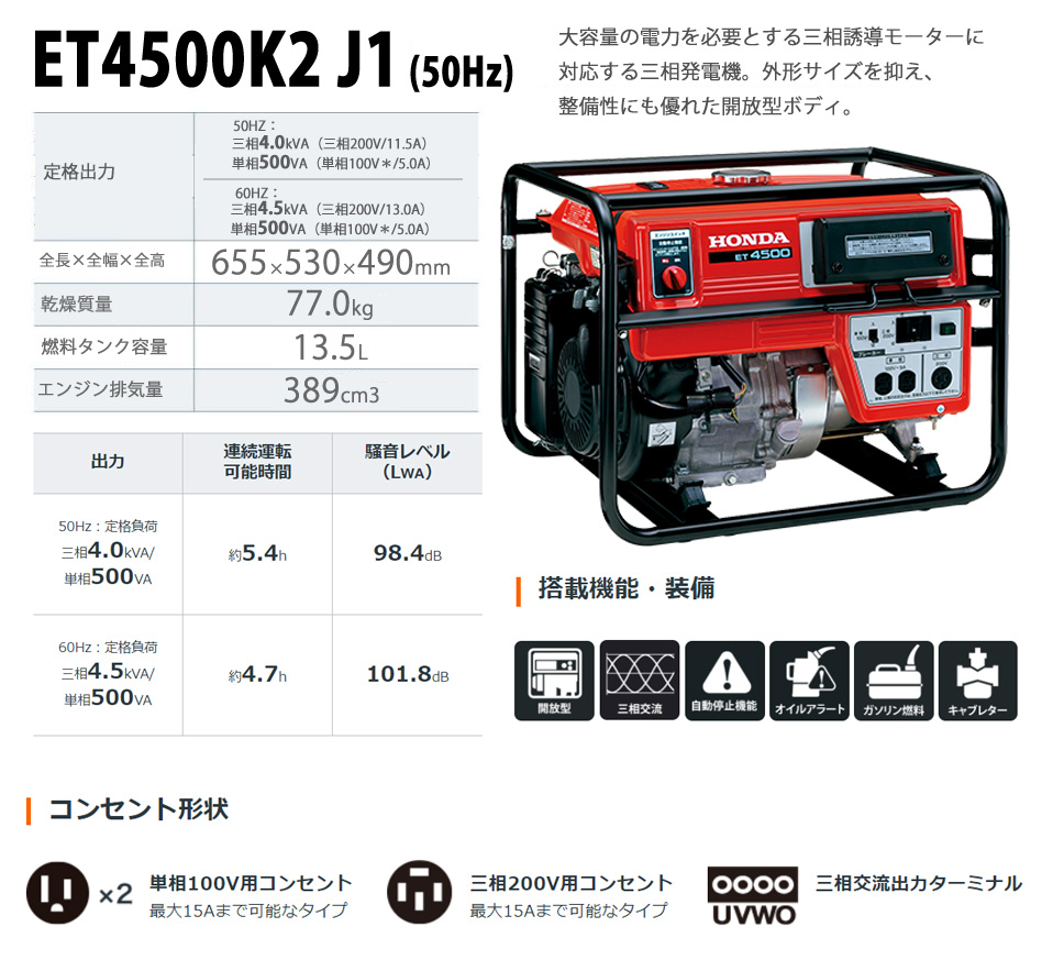 発電機 ホンダ ET4500-J1 (50Hz) 三相発電機 東日本 三相200v メーカー保証付き : 10000022