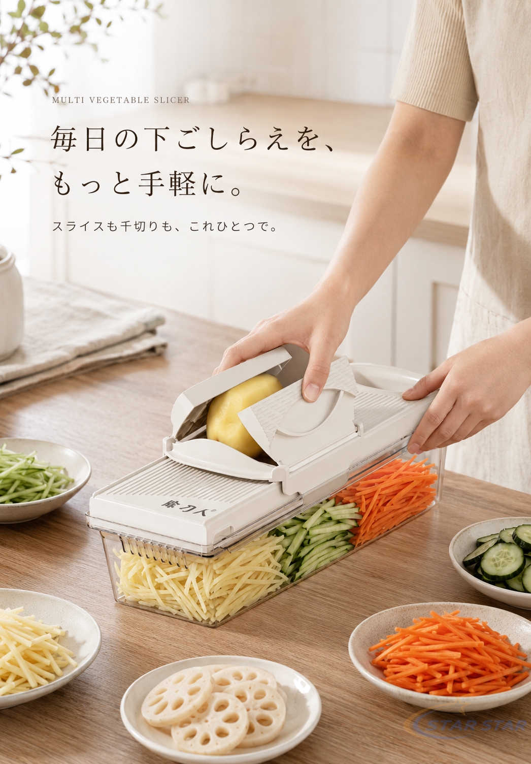 スライサー 安全ホルダー付き 多機能野菜スライサー 千切り器 野菜カッター 5段階厚み調整 46枚刃 替刃不要 スライド切替 安全ホルダー付き 受けケース付き 関連画像2