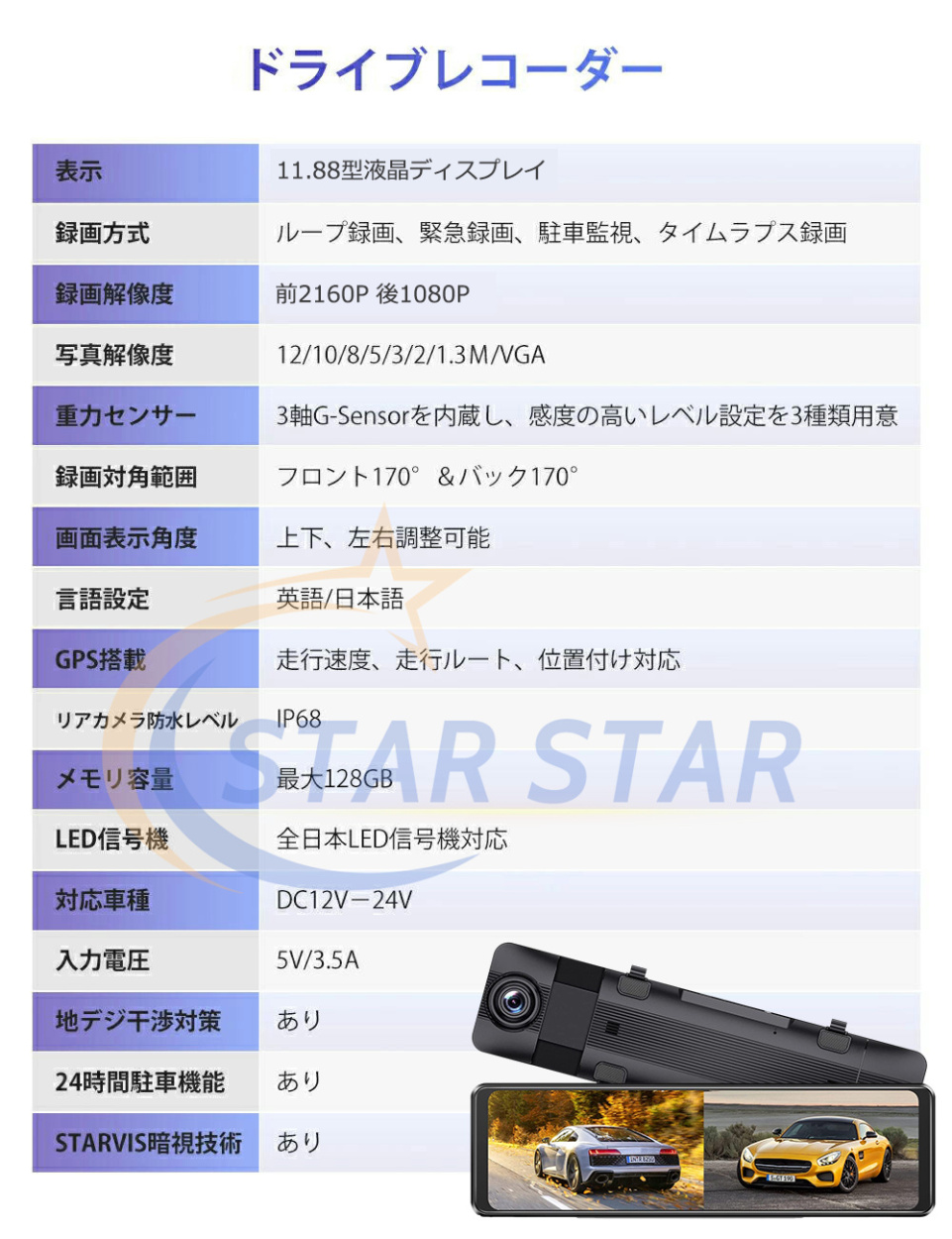 ドライブレコーダー 日本製 SONY IMX415センサー ミラー 4K 2160P FHD 前後 2カメラ 同時録画 11.88インチ GPS搭載  ノイズ対策済 バック連動 駐車監視 Gセンサー