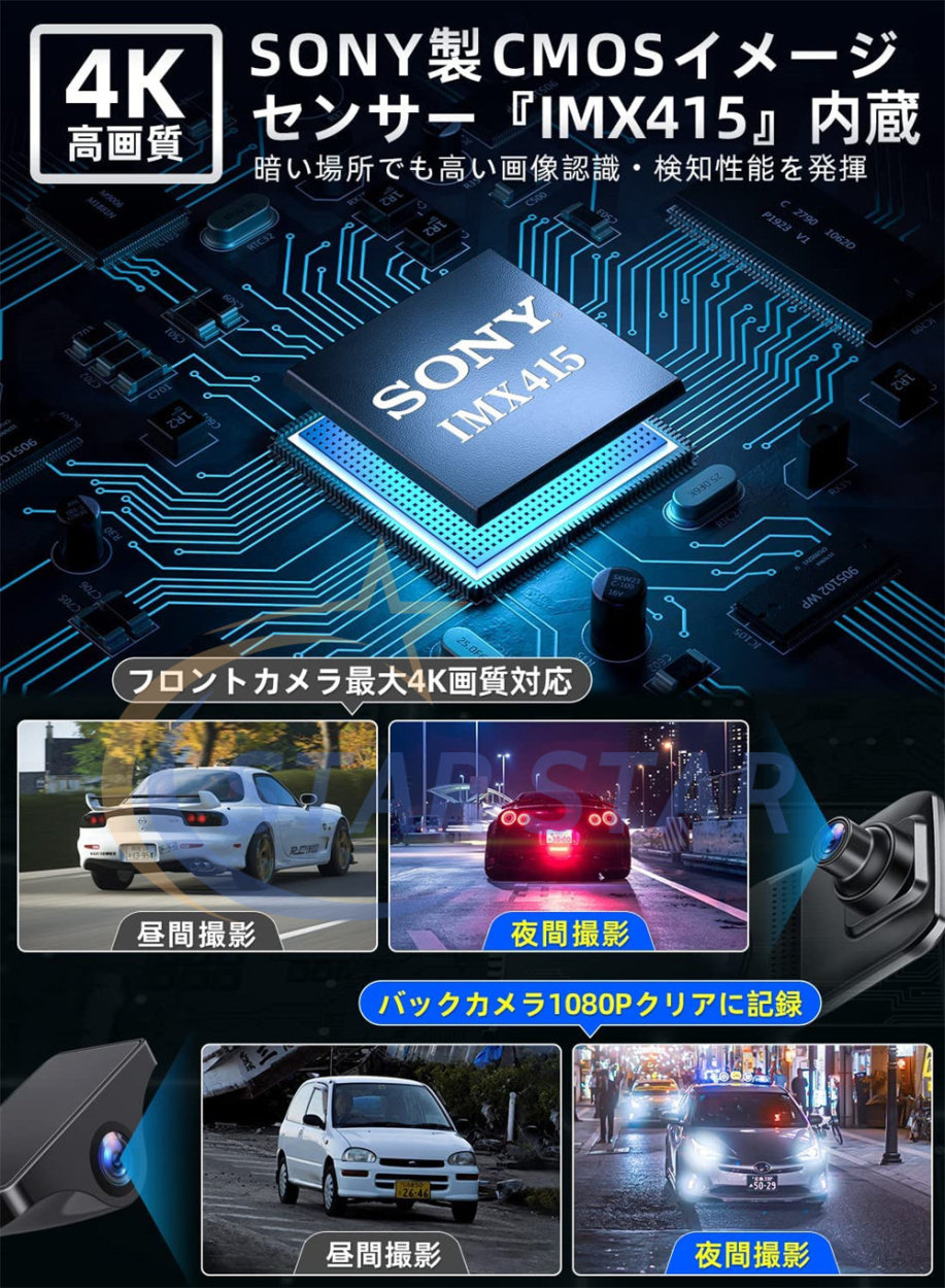 ドライブレコーダー 日本製 SONY IMX415センサー ミラー 4K 2160P FHD 前後 2カメラ 同時録画 11.88インチ GPS搭載  ノイズ対策済 バック連動 駐車監視 Gセンサー