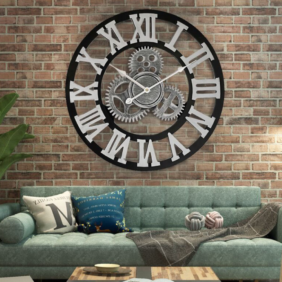 掛け時計 静音 ギア 40cm 壁掛け時計 木製 レトロ 歯車 掛時計