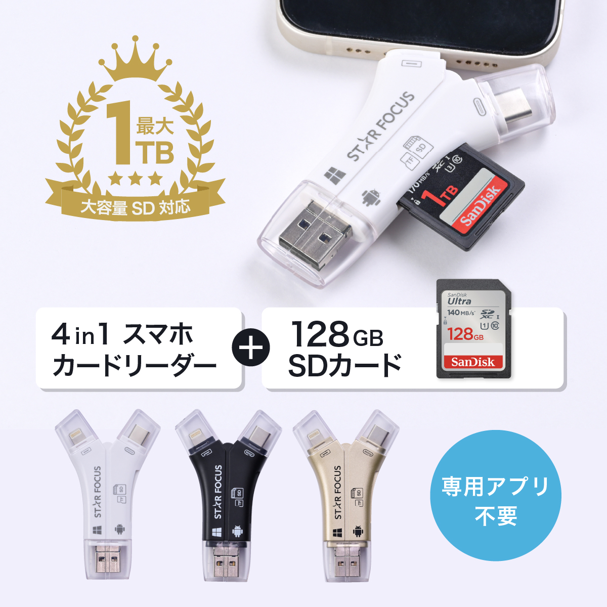 SD カードリーダー 専用アプリ不要 iPhone 16 Android USB メモリ type