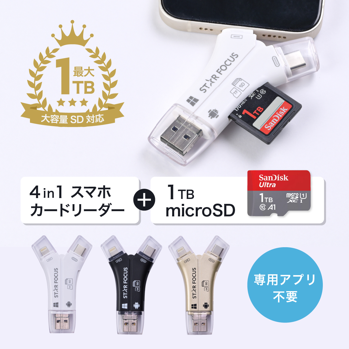 SD カードリーダー 専用アプリ不要 iPhone 16 Android USB メモリ type-c バックアップ 写真 保存 データ カメラリーダー  microSDカード 1TB セット : ifd-m1tb : スマホメモリ専門店スターフォーカス - 通販 - Yahoo!ショッピング