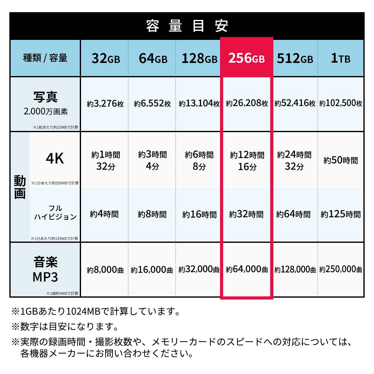 SDカード 256GB 使用容量目安