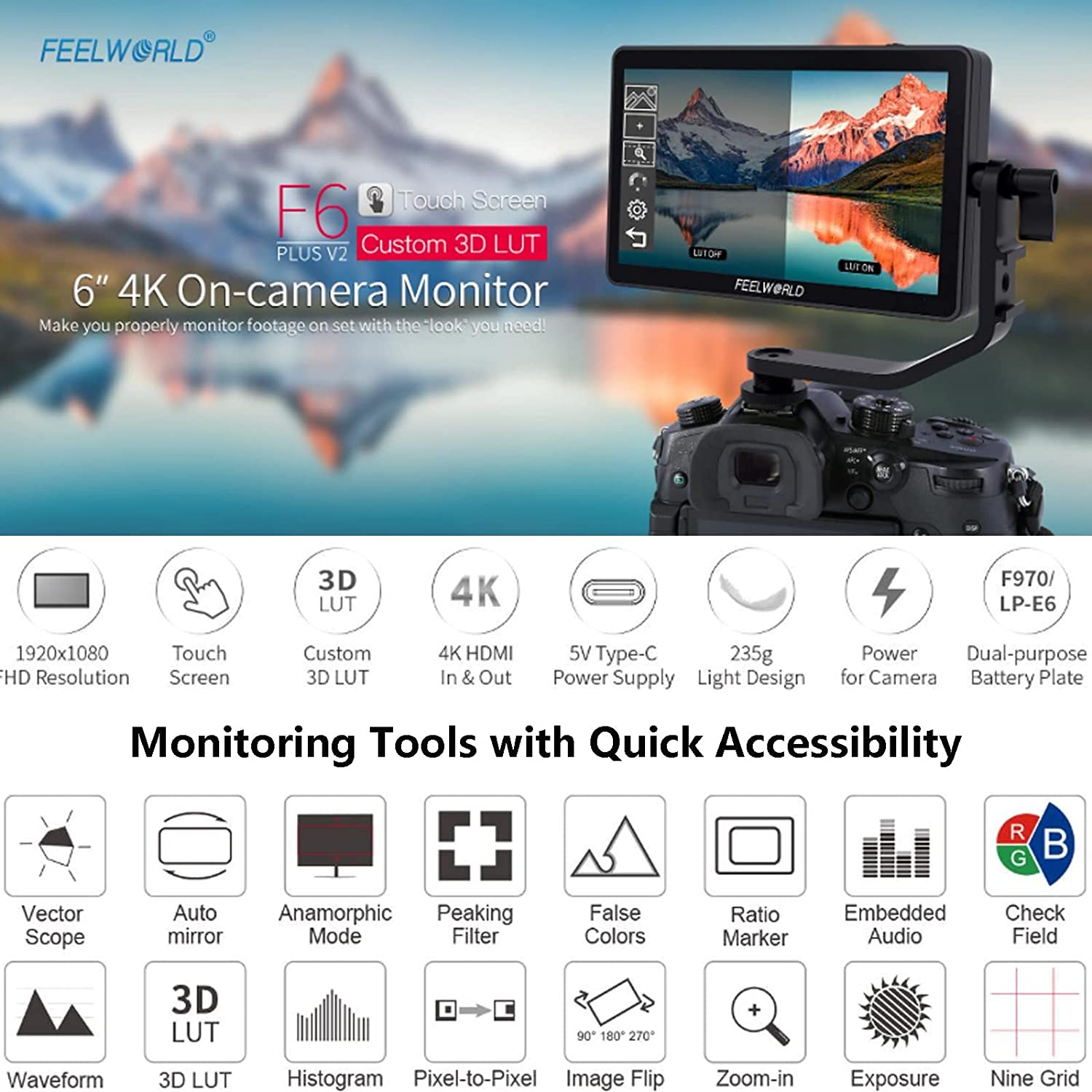 市場 FEELWORLD F6 Plus カメラビデオ モニター 5.5インチ - linsar.com