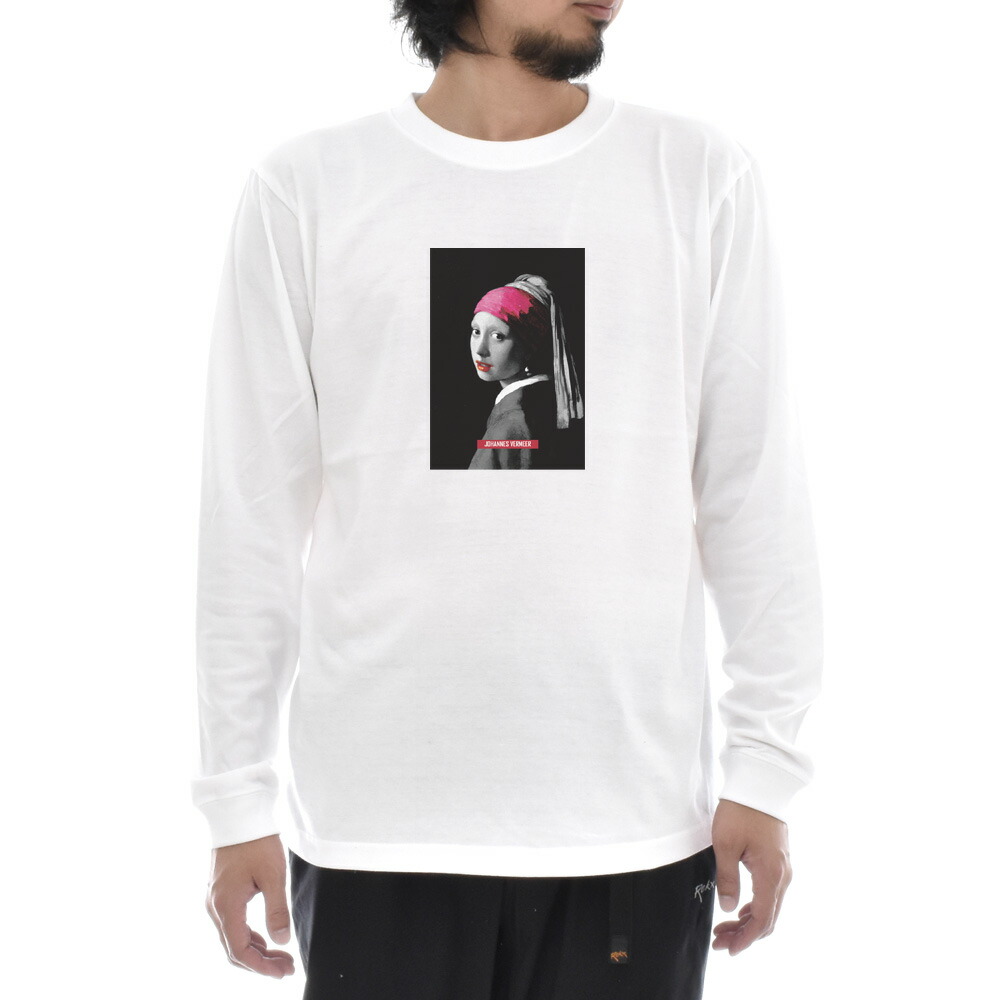 フェルメール Tシャツ 真珠の耳飾りの少女 モノクロレッド 長袖 ロンT
