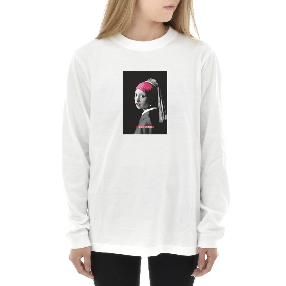 フェルメール Tシャツ 真珠の耳飾りの少女 モノクロレッド 長袖 ロンT
