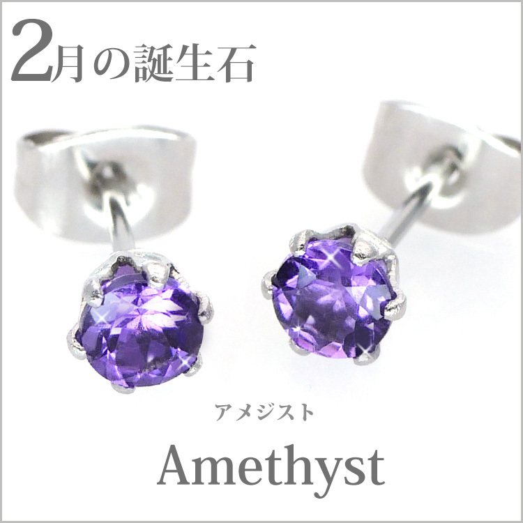 金属アレルギー対応 ステンレスピアス レディース 2月の誕生石 4mm
