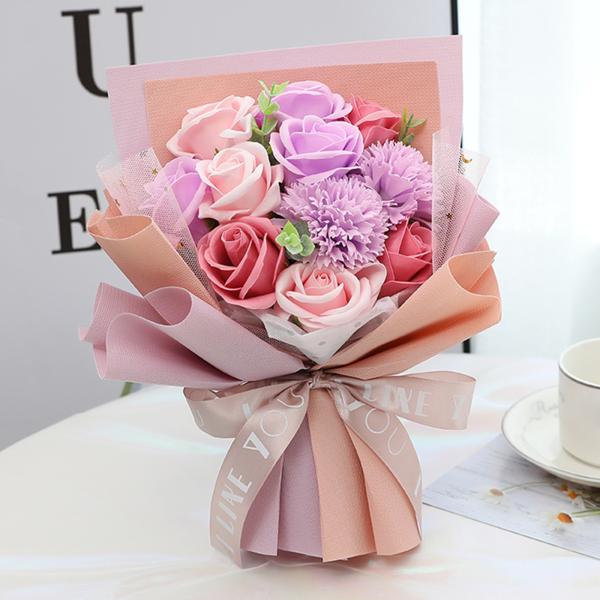 母の日 誕生日 お祝い 母バレンタインデー カーネーション ソープブーケフラワー 造花 枯れない花 デコレーション ギフト パープル