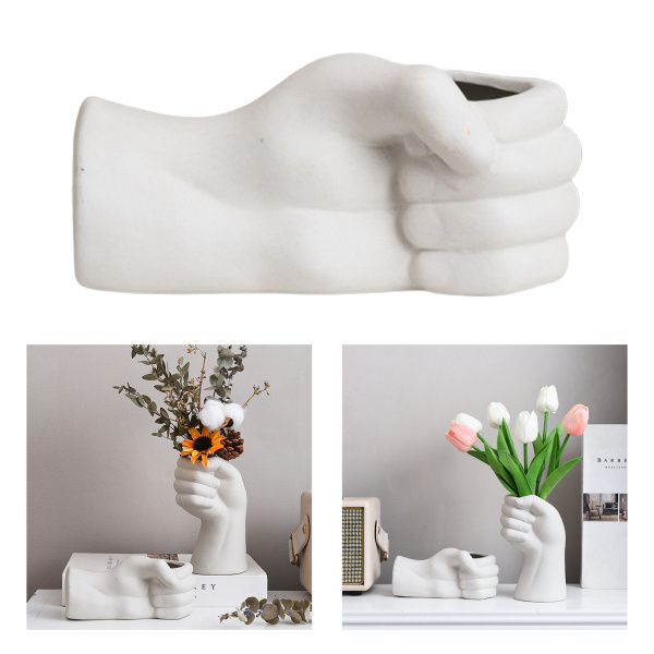現代アートセラミック花瓶手保持植物花のコンテナ、卓上白アート花瓶
