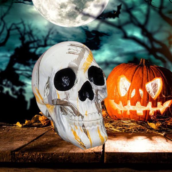 スカルヘッドスケルトンハロウィンスタチュー置物飾り14.5x12.5x17.5ホワイト