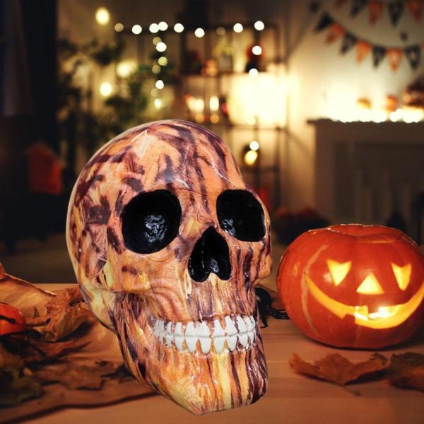 スカルヘッドスケルトンハロウィンスタチュー置物飾り14.5x12.5x17.5イエロー