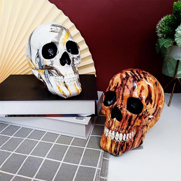 スカルヘッドスケルトンハロウィンスタチュー置物飾り14.5x12.5x17.5イエロー