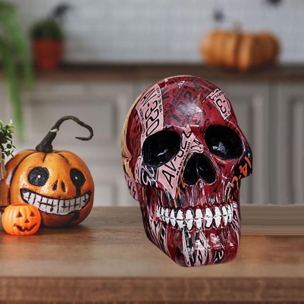 スカルヘッドスケルトンハロウィンスタチュー置物飾り13x10.5x17.5cm赤