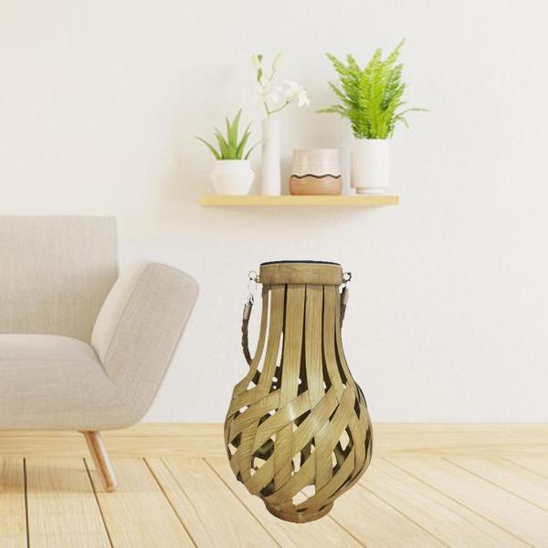 ヴィンテージバンブーランタン手織りハンギングティーライトキャンドルホルダーハンドル付きホームパティオガーデンデスクトップデコレーションポリッ