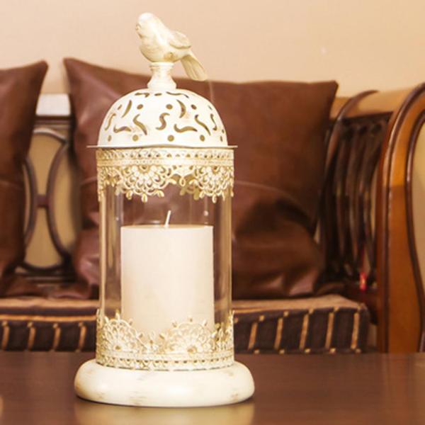 家の結婚式のセンターピースの装飾のための金属キャンドルホルダー鳥かごヴィンテージ燭台ランタン - ホワイト14x30cm