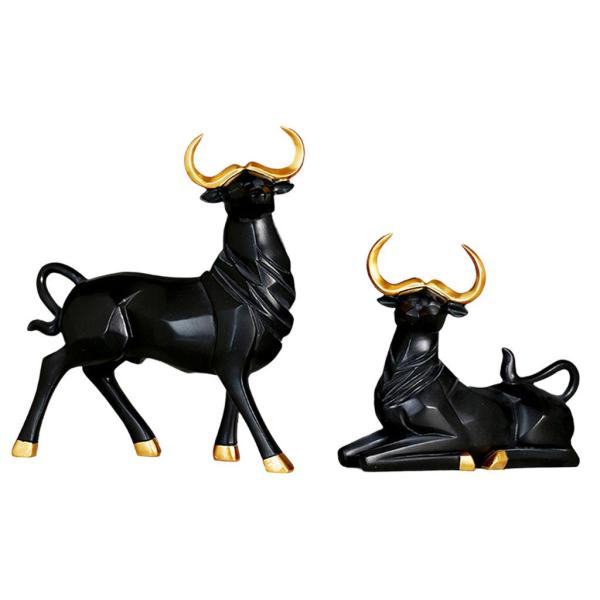 デスクホームデコレーションブラック用1ペア牛像雄牛彫刻置物動物