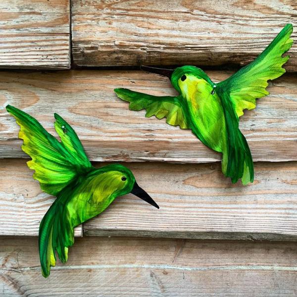 手作りのハチドリの壁の芸術の装飾金属の庭の装飾2つの緑の鳥