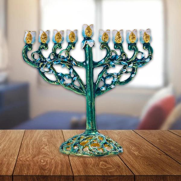 手描きのハヌカエナメルメノラー装飾ユダヤ人燭台グリーン : STK