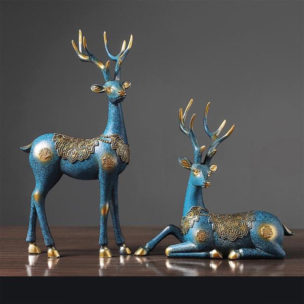 2x鹿の置物家の装飾トナカイの彫刻結婚式の敷居エルクの彫像