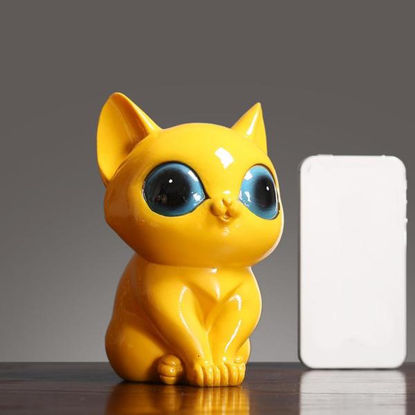 ミニ猫の像の置物 樹脂の彫刻 面白いクラフト デスク オフィス ホーム イエロー
