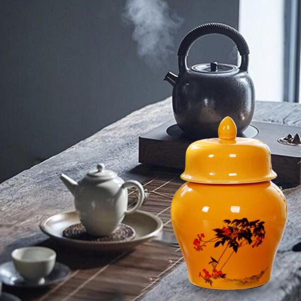 陶磁器の茶筒 蓋付き保存ポット 缶の装飾品 ジンジャー テンプル ジャー 寄り添う木