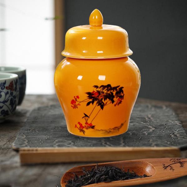 陶磁器の茶筒 蓋付き保存ポット 缶の装飾品 ジンジャー テンプル ジャー 寄り添う木