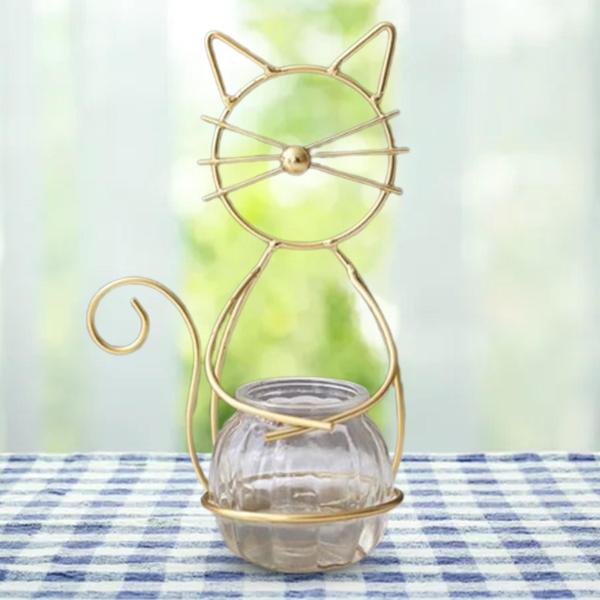 水耕植物花瓶 猫メタルホルダー付き 家庭用盆栽装飾 デスク装飾 ゴールド