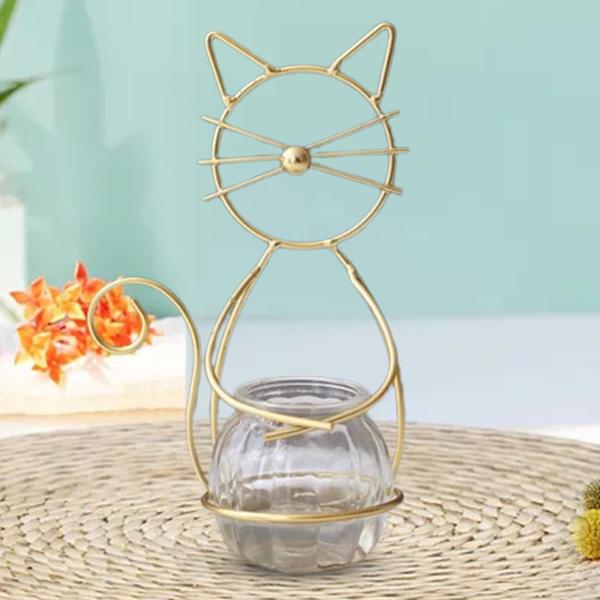 水耕植物花瓶 猫メタルホルダー付き 家庭用盆栽装飾 デスク装飾 ゴールド