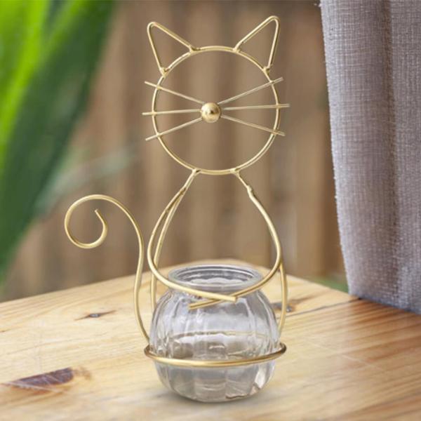 水耕植物花瓶 猫メタルホルダー付き 家庭用盆栽装飾 デスク装飾 ゴールド