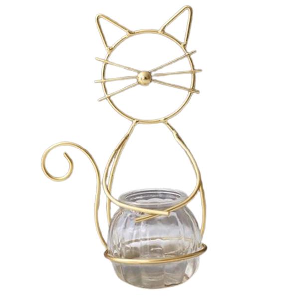 水耕植物花瓶 猫メタルホルダー付き 家庭用盆栽装飾 デスク装飾 ゴールド