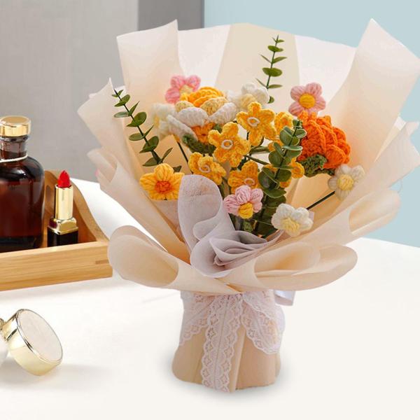 かぎ針編みのバラの花束手作りニットブーケ造花飾りかわいいニット花母
