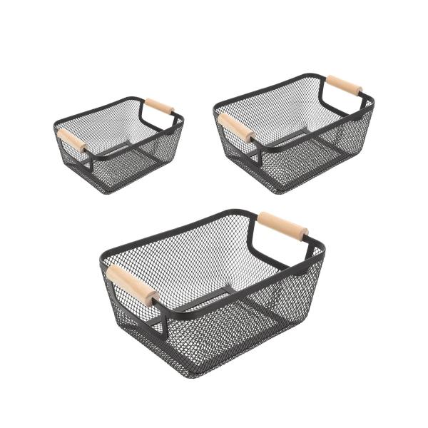 メッシュメタル収納バスケット 木製ハンドル付き キャビネットパントリー用ポータブル ブラック S 24x17.5x11cm