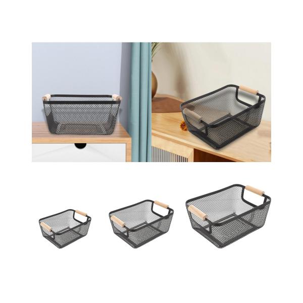 メッシュメタル収納バスケット 木製ハンドル付き キャビネットパントリー用ポータブル ブラック S 24x17.5x11cm