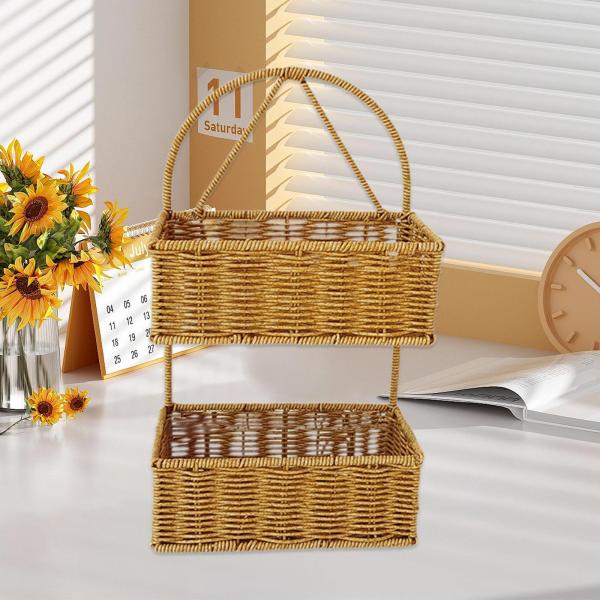 バルコニー パティオ 屋内 屋外 植物用 模造籐 壁掛けバスケット 正方形 2層