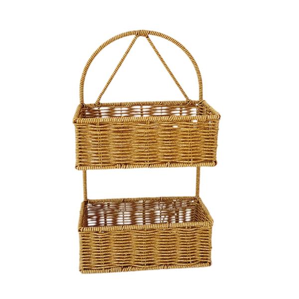 バルコニー パティオ 屋内 屋外 植物用 模造籐 壁掛けバスケット 正方形 2層