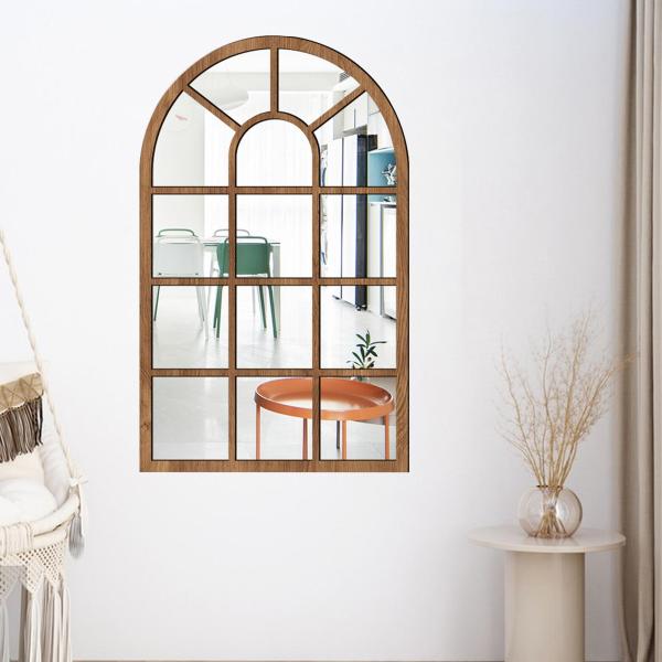 アーチ型窓壁ミラー 窓ガラス アーチミラー 化粧台 寝室 バスルーム ブラウン