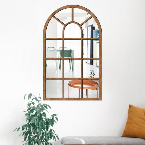 アーチ型窓壁ミラー 窓ガラス アーチミラー 化粧台 寝室 バスルーム ブラウン