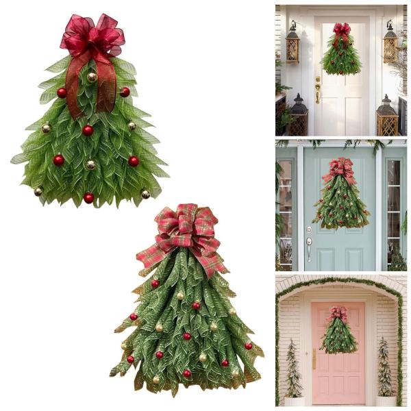 玄関に飾るクリスマスツリーリース、ガーデンルームに飾る赤いリボン