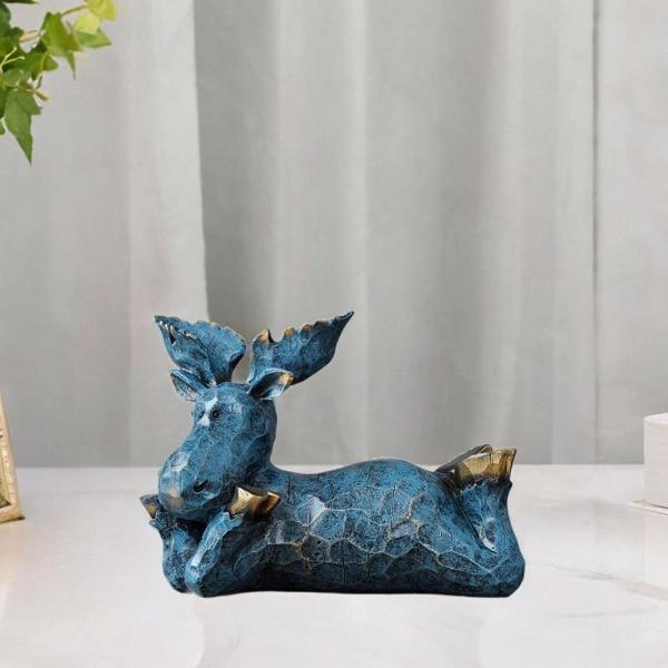 トナカイの彫刻 装飾品 オフィス お土産 ギフト デスクトップ デスク 樹脂像 青 横たわっている