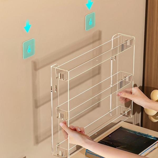 3層アクリルマニキュア壁ラック9.8x2.3x12.2インチアクセサリーエッセンシャルオイルを簡単に取り付けるディスプレイ棚多機能