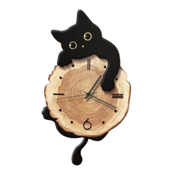 猫の壁掛け時計 動物装飾時計 子供部屋 寝室用 ブラック : STKショップ