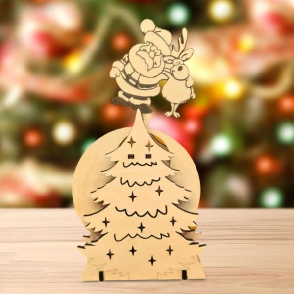 木製クリスマスツリーホームデコレーションフィギュアキッチンホリデーテーブルの装飾サンタクロースと鹿