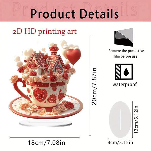 バレンタインデー用アクリルサイン卓上装飾 2Dピンクコーヒーマグテーブルセンターピース 棚カフェデスクキャビネットオフィス用