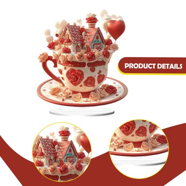 バレンタインデー用アクリルサイン卓上装飾 2Dピンクコーヒーマグテーブルセンターピース 棚カフェデスクキャビネットオフィス用