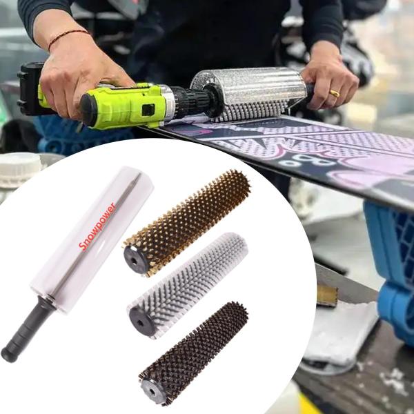 スキーブラシキット 3個 スキーワックスブラシ スノーボードメンテナンス ステンレススチール車軸 グリップコントロール シャフトハンドルカバー付き