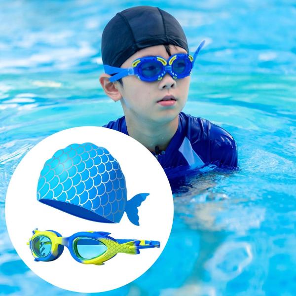 マーメイド スイムゴーグル キャップ付き 調節可能な水泳用メガネ 子供用 男の子 女の子 ブルー イエロー